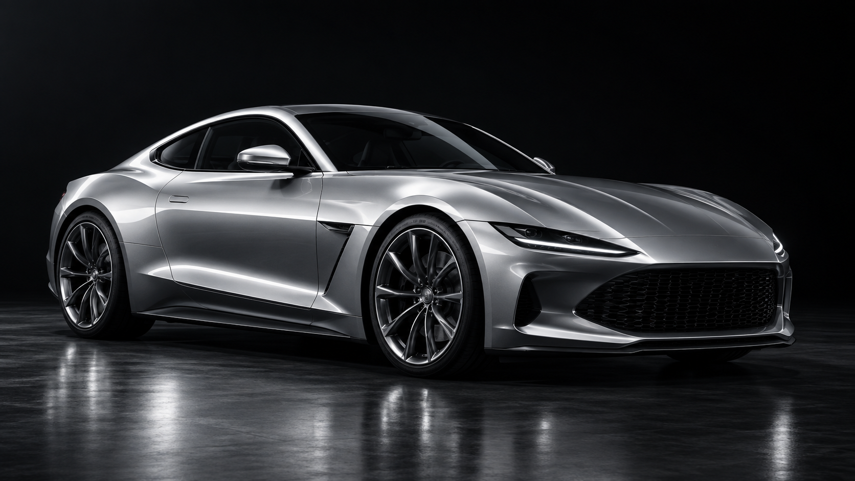 AI-generated example of a silver sports coupe in a dark detailing studio