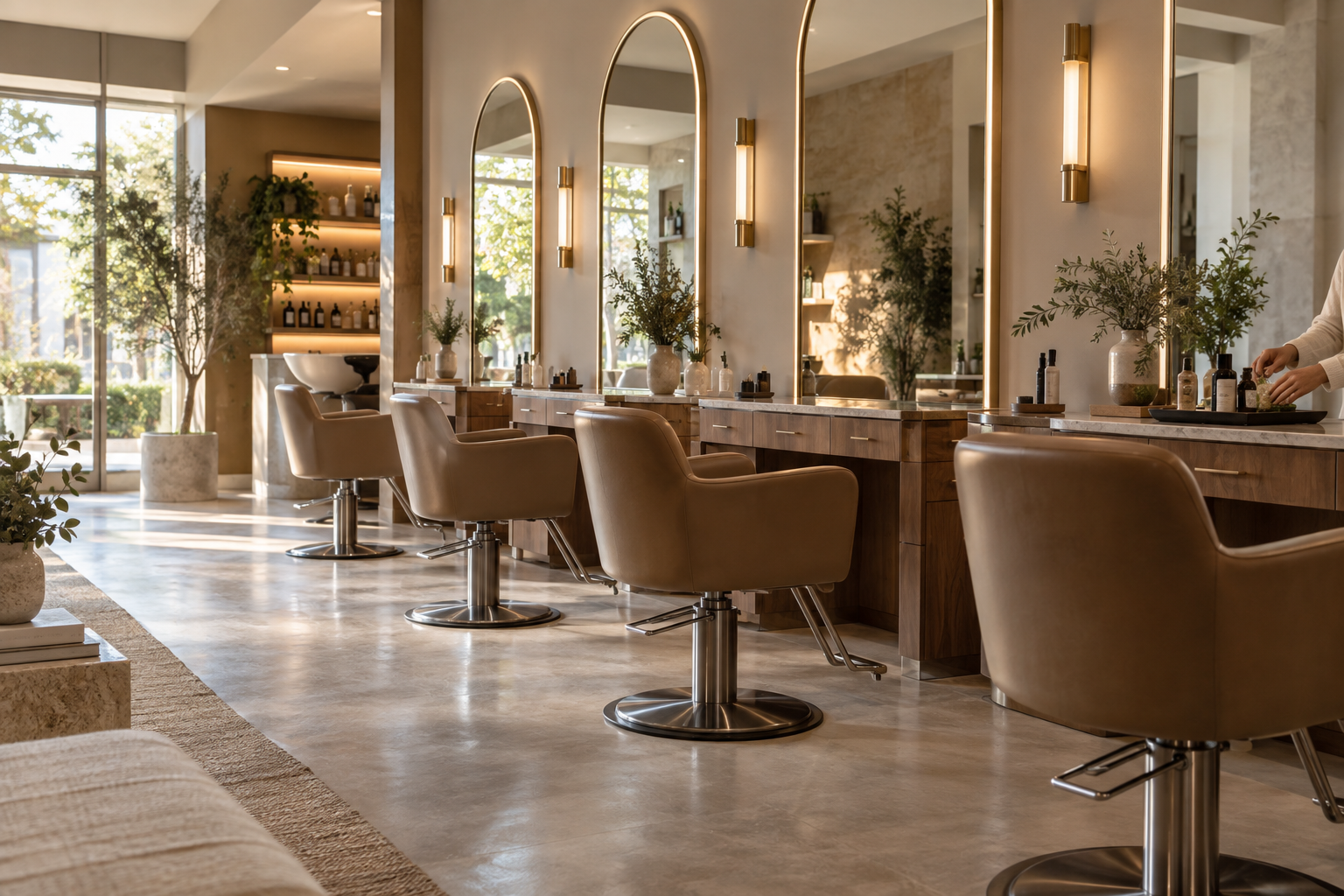 AI-generated example of an airy hair salon with curved mirrors, pale chairs and warm afternoon light