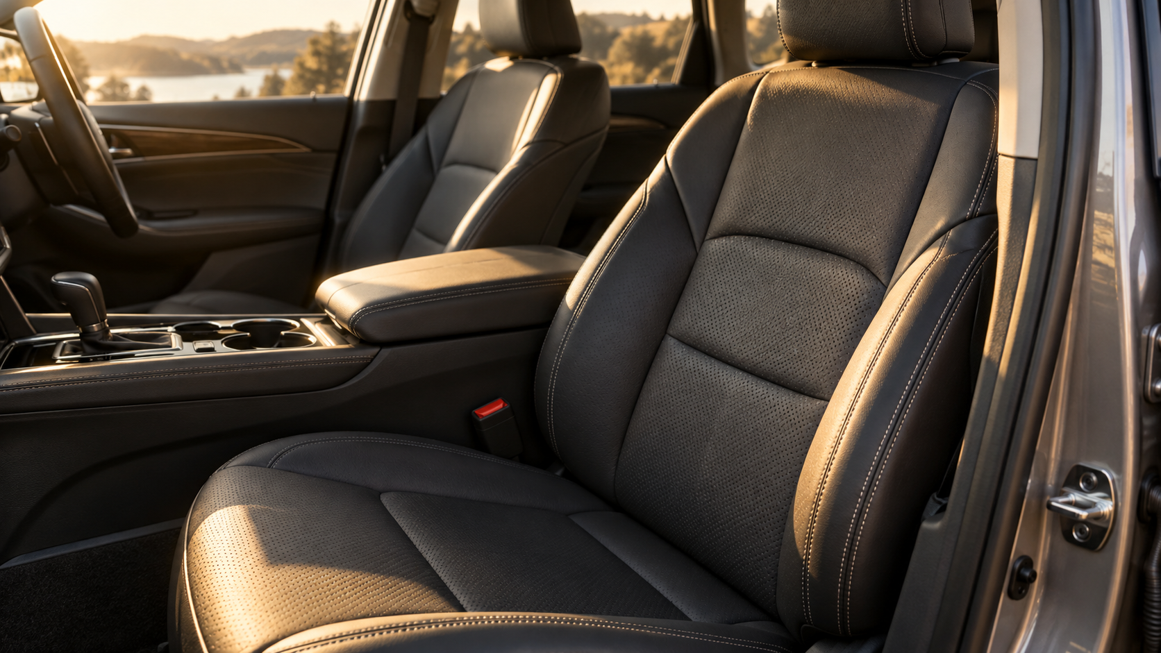AI-generated example of a charcoal leather vehicle interior in warm daylight