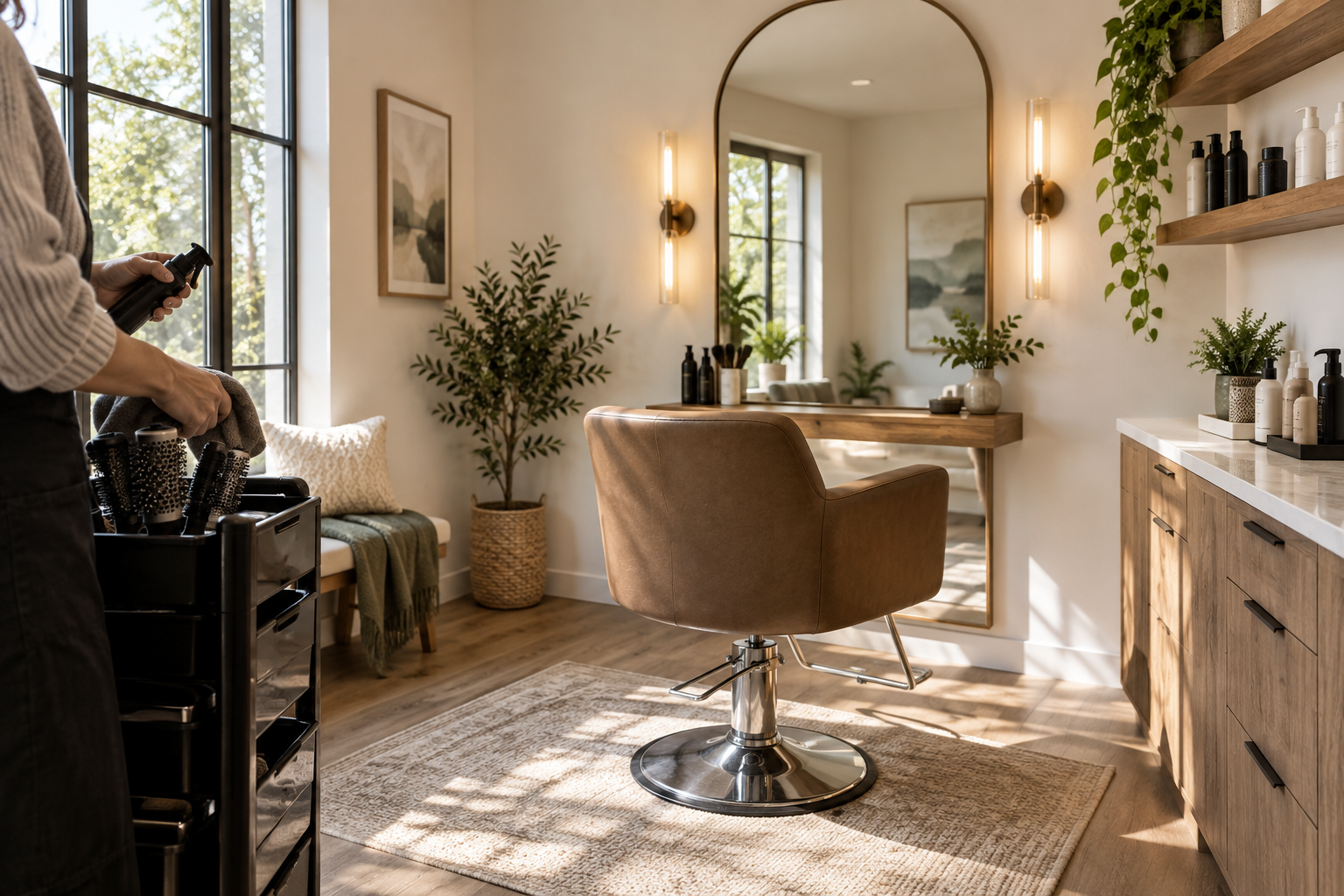 AI-generated example of a private hair studio with one styling chair, a round mirror and soft daylight