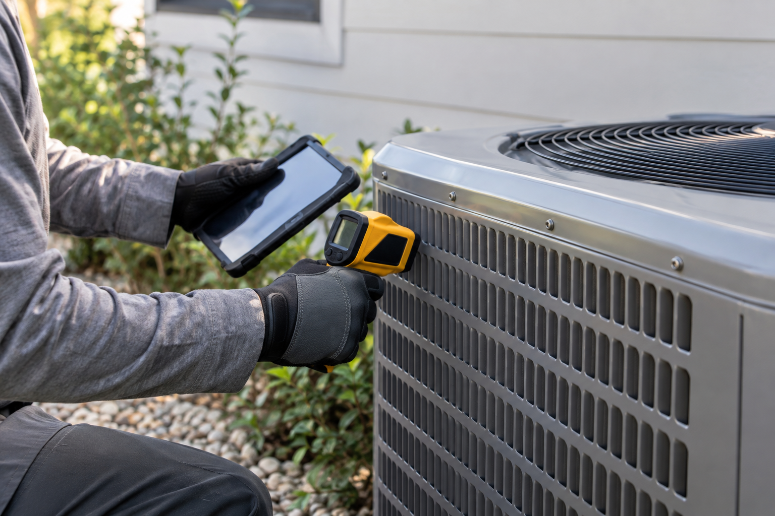 AI-generated example of gloved hands inspecting an outdoor cooling unit