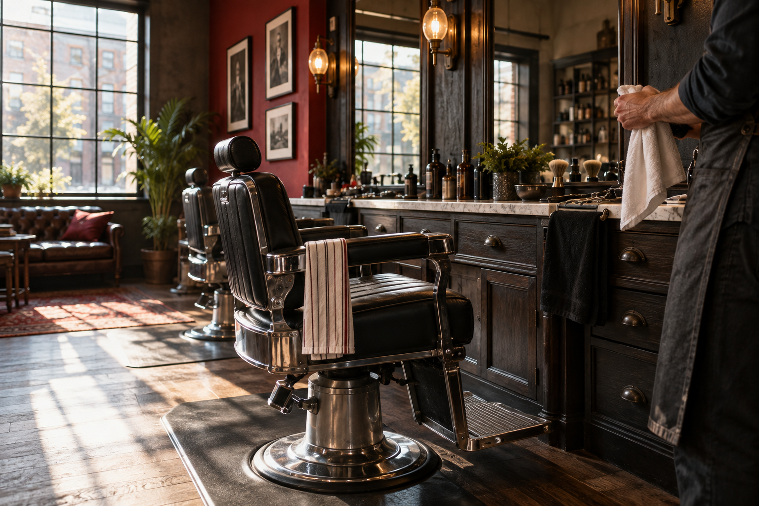AI-generated example of a neighborhood barbershop with leather chairs, mirrors and warm wood details
