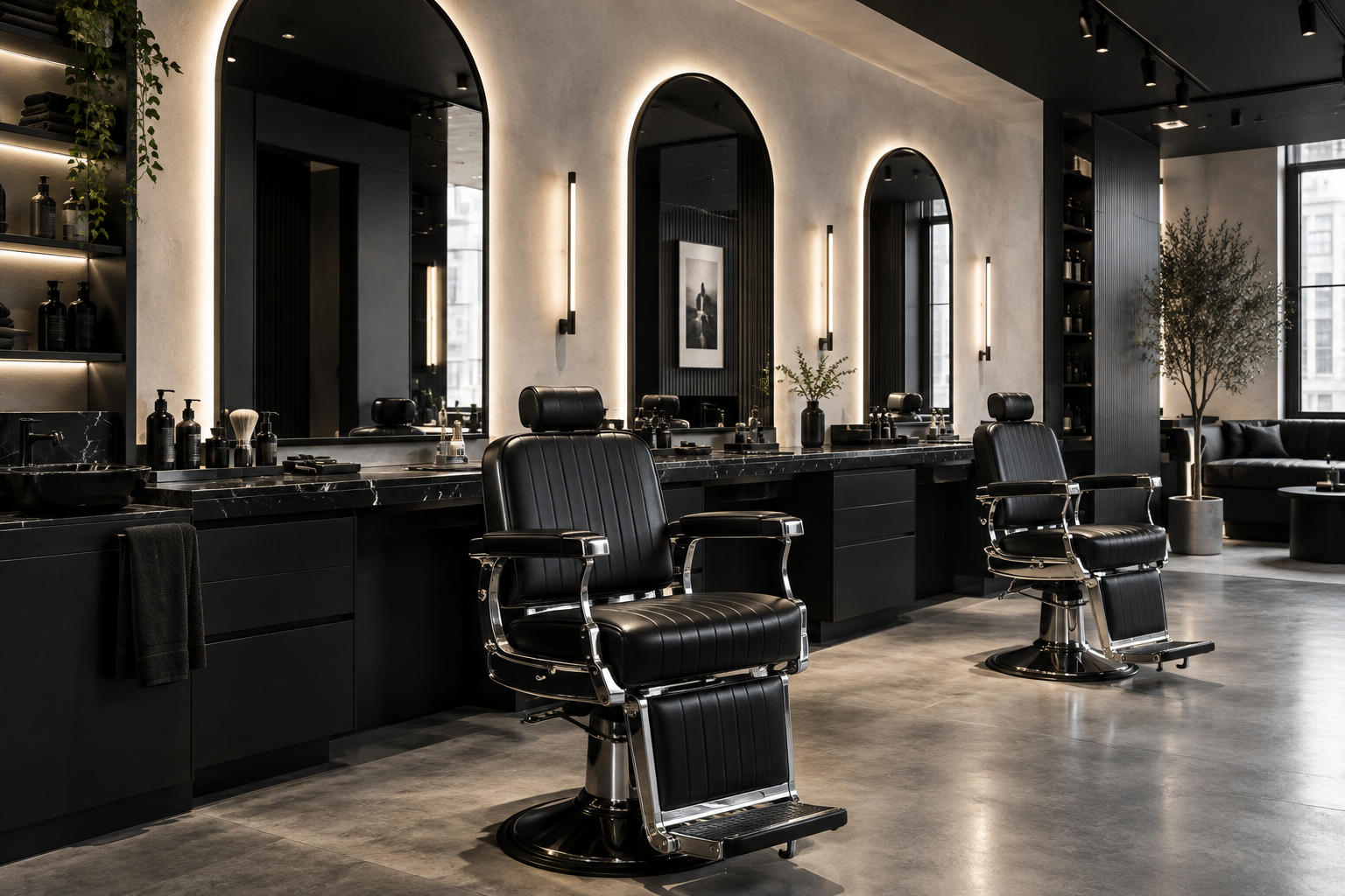 AI-generated example of a minimal contemporary barber studio with a sculptural chair and geometric mirrors