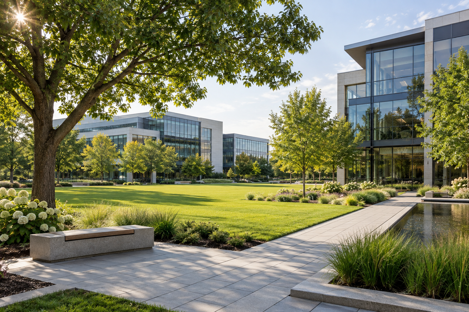 AI-generated example of maintained planting beds and lawn beside a low-rise office building