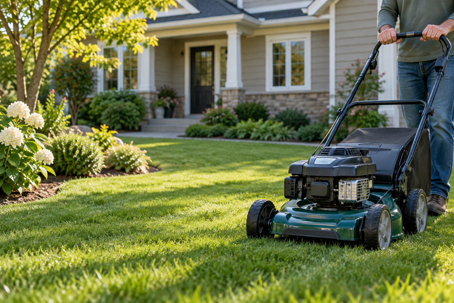 AI-generated example of lawn mowing outside a house; fictional worker with face out of frame