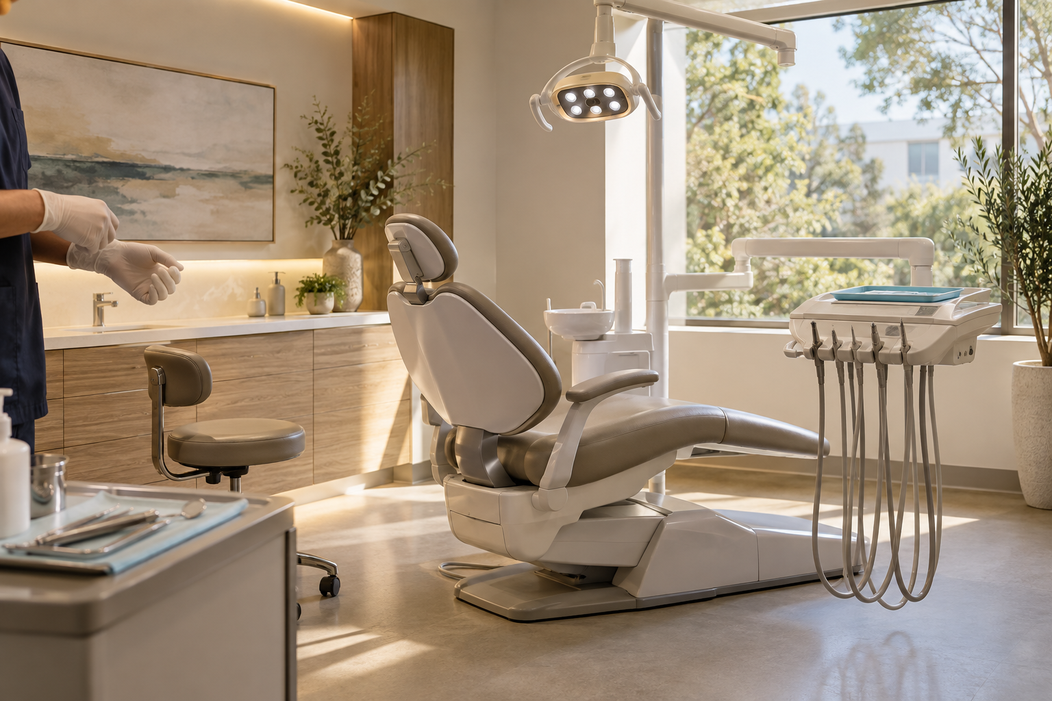 AI-generated example of an empty dental chair in a warm treatment room; no real practice shown