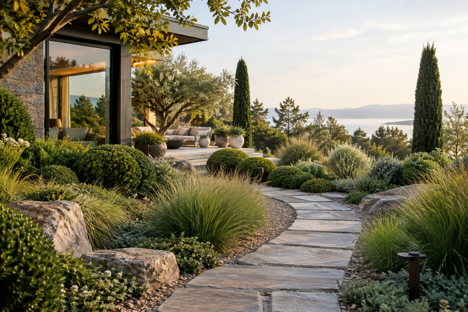 AI-generated example of a planted residential garden and curved stone path