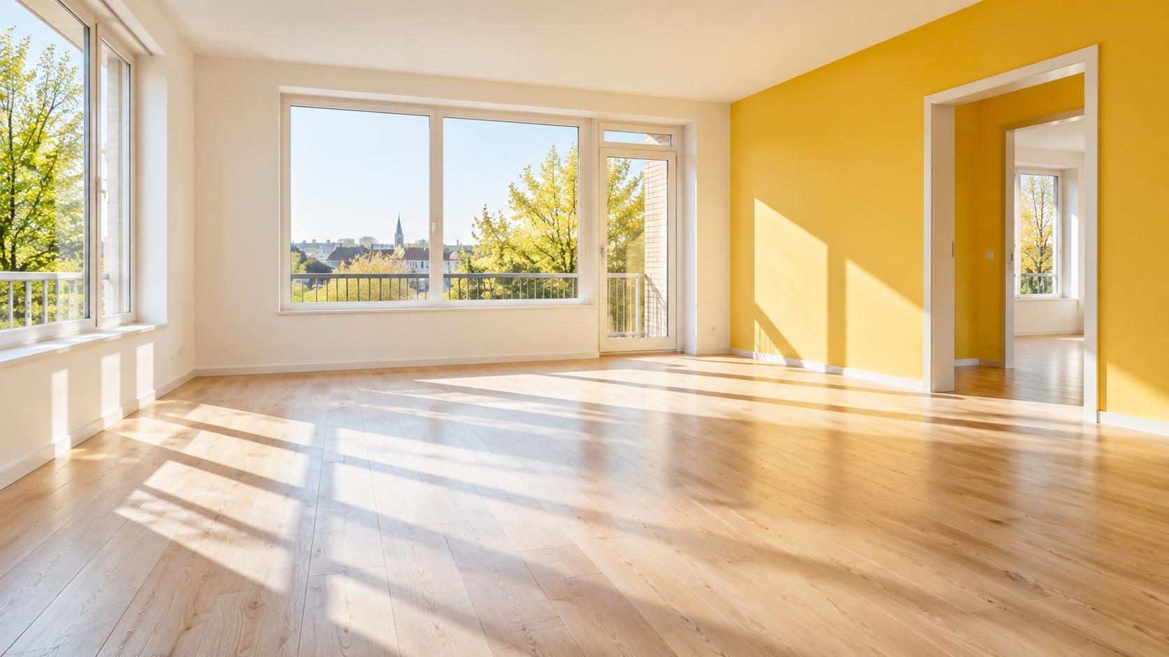 AI-generated example of a bright empty apartment with large windows