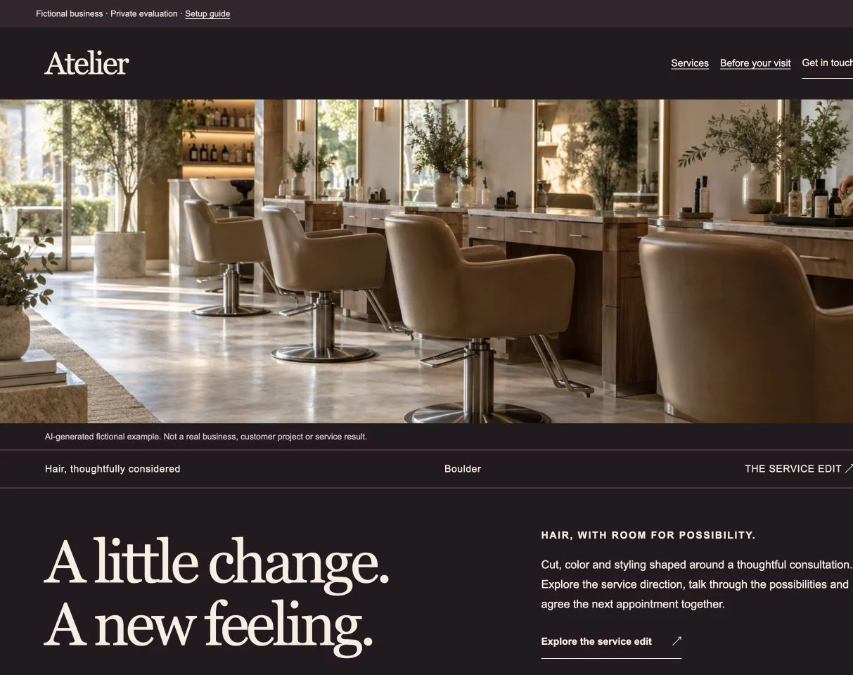 Atelier website desktop excerpt: its actual typography, layout and image framing