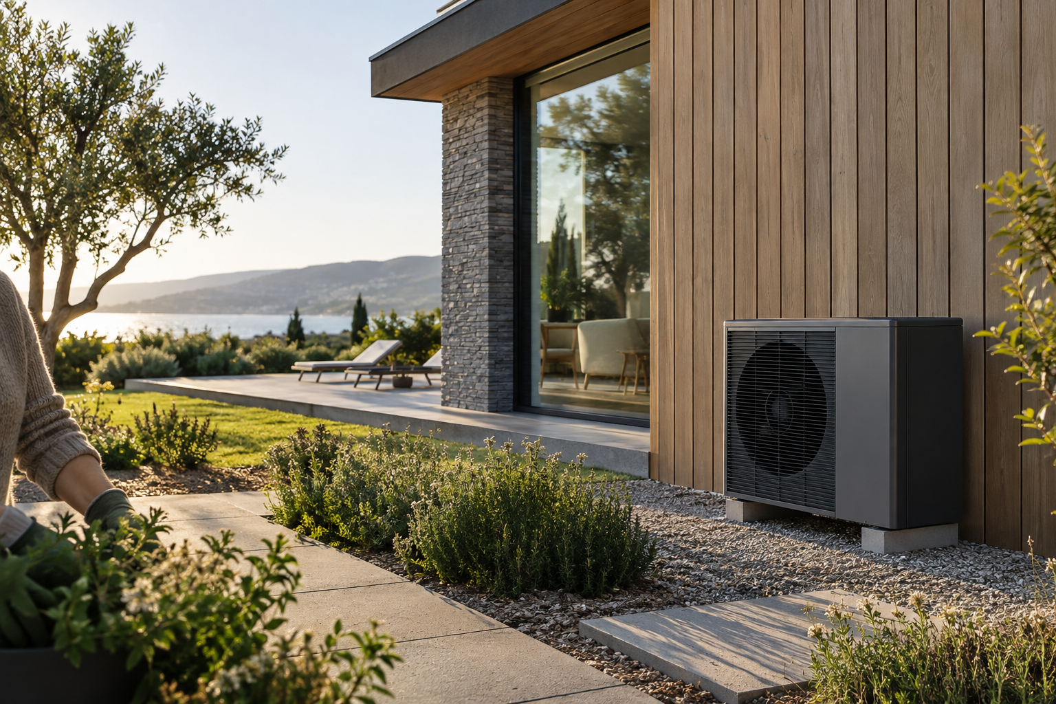 AI-generated Ventra example of an outdoor heat-pump unit beside a timber-clad contemporary home, with no visible brand marks